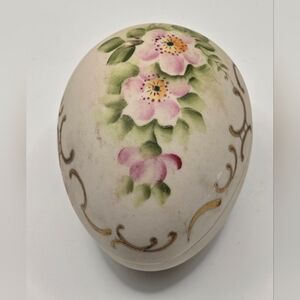 Vintage Porcelain Hand Painted Pink Roses  Egg Shaped Trinket Jewelry Box Easter
